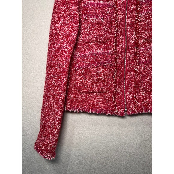 MNG Mango Womens Red White Zip Up Tweed Jacket Raw Fringe Trim Size L - Picture 8 of 11